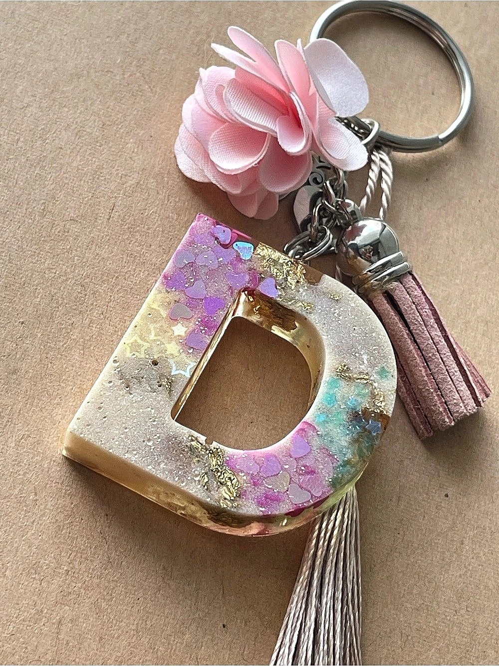 Floral Letter D Keychain in Pink & Gold Like New